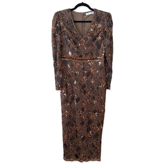 Mac Duggal Sz 4 Brown Chocolate Beaded Geometric Sheath Cocktail Evening Dress - Picture 5 of 12